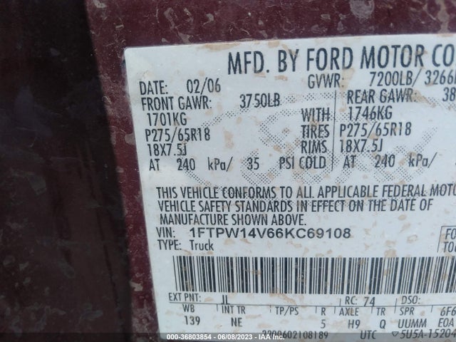 2006 FORD F-150 XLT/FX4/LARIAT/KING RANCH VIN: 1FTPW14V66KC69108