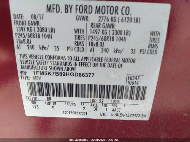 1FM5K7B89HGD86377 Ford Explorer Base