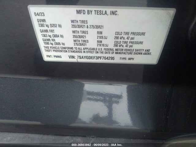 2023 TESLA MODEL Y PERFORMANCE VIN: 7SAYGDEF3PF764295
