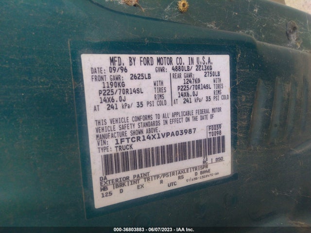 1997 FORD RANGER XLT/SPLASH VIN: 1FTCR14X1VPA03987