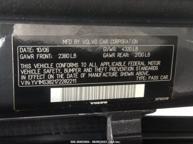 2007 VOLVO S40 2.4L VIN: YV1MS382172282211