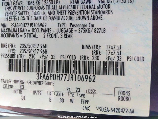 Ford FUSION SE 2018 3FA6P0H77JR106962 Image 9