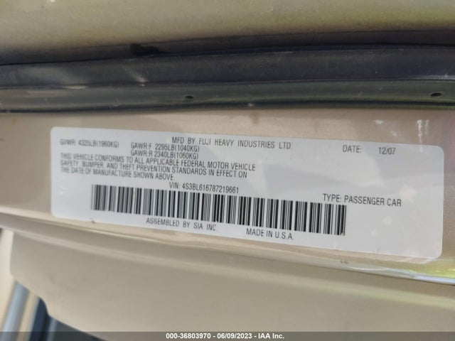 2008 SUBARU LEGACY VIN: 4S3BL616787219661