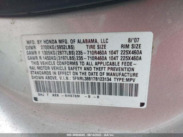 2007 HONDA ODYSSEY TOURING VIN: 5FNRL38817B123134