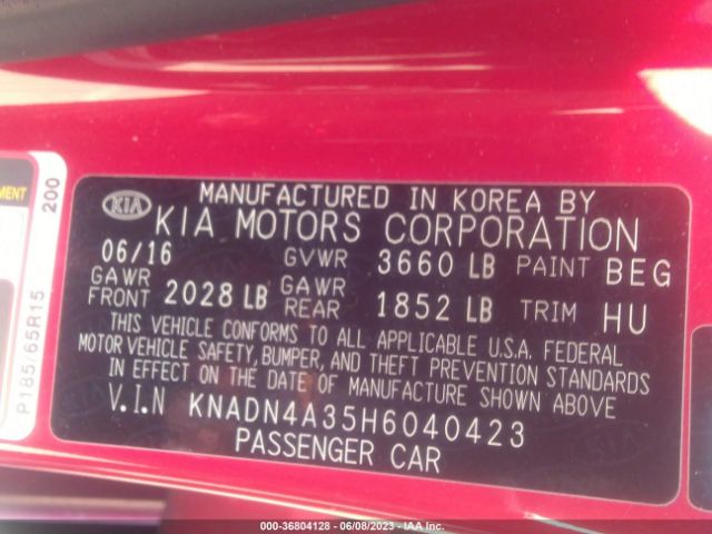 KNADN4A35H6040423 KIA RIO EX