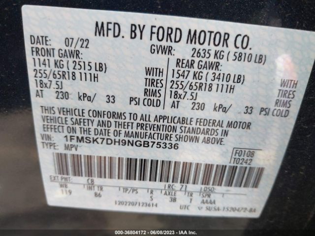 1FMSK7DH9NGB75336 Ford EXPLORER XLT
