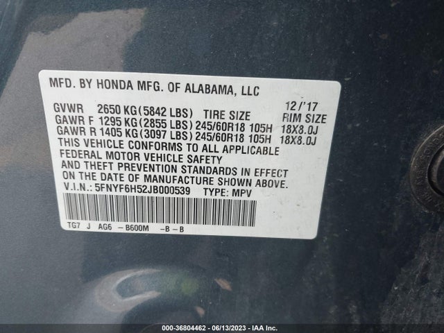 Honda Pilot Ex-l 2018 5FNYF6H52JB000539 Image 9