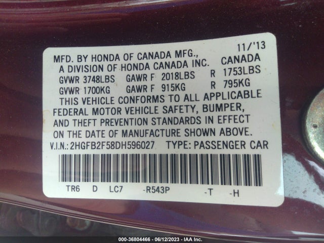 2013 HONDA CIVIC SDN LX VIN: 2HGFB2F58DH596027