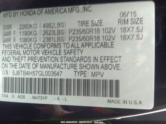 5J8TB4H57GL003647 Acura Rdx Tech Pkg/tech