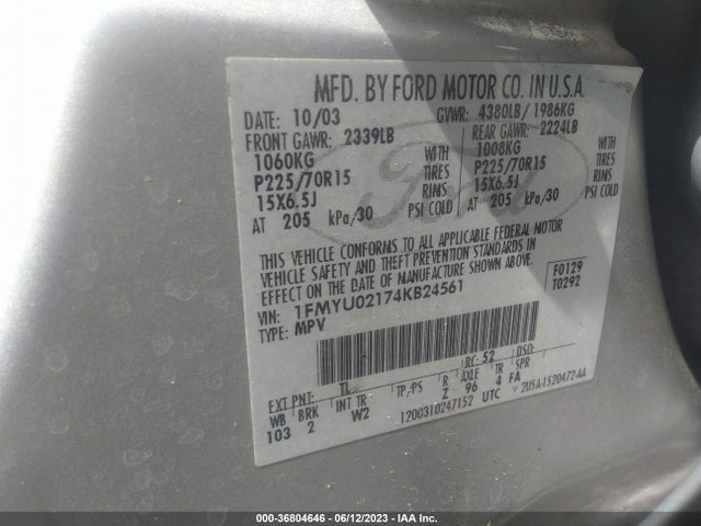 2004 FORD ESCAPE XLS VIN: 1FMYU02174KB24561