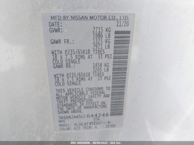 2020 NISSAN PATHFINDER S VIN: 5N1DR2AN5LC644248