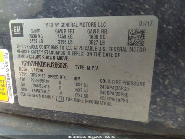 Chevrolet Traverse Lt 2017 1GNKVHKD9HJ266526 Image 9