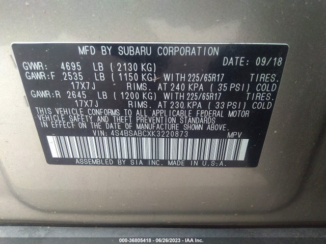 2019 SUBARU OUTBACK VIN: 4S4BSABCXK3220873