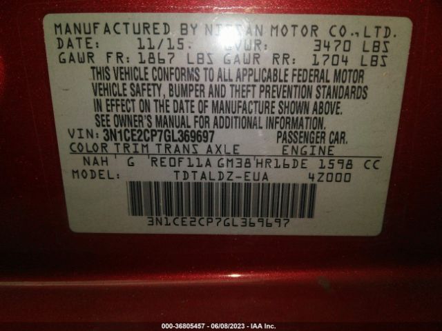3N1CE2CP7GL369697 Nissan Versa Note S/s Plus/sv/sr/sl