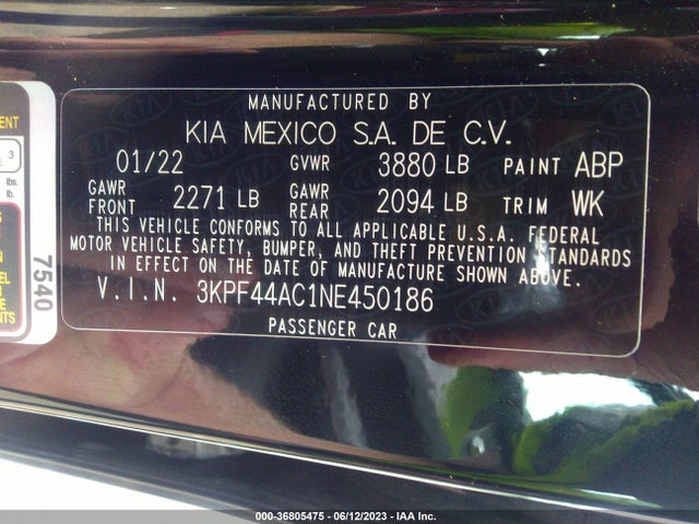 2022 KIA FORTE GT VIN: 3KPF44AC1NE450186