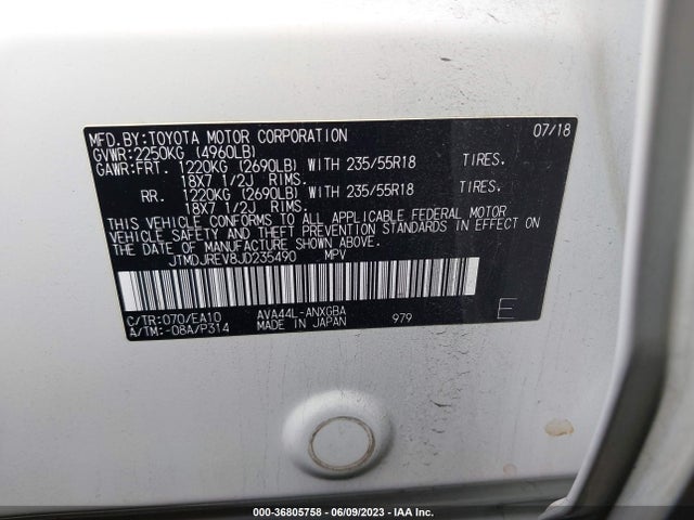 2018 TOYOTA RAV4 HYBRID LIMITED VIN: JTMDJREV8JD235490