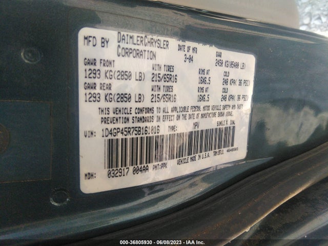 2005 DODGE CARAVAN SXT VIN: 1D4GP45R75B161016