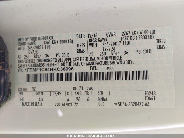2017 FORD F-150 XL/XLT VIN: 1FTMF1C84HKC36996