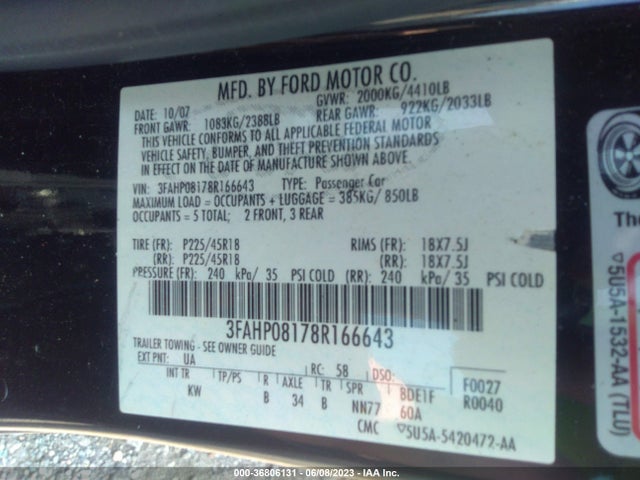 2008 FORD FUSION SEL VIN: 3FAHP08178R166643