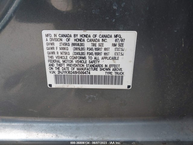2008 HONDA RIDGELINE RT VIN: 2HJYK16248H509474
