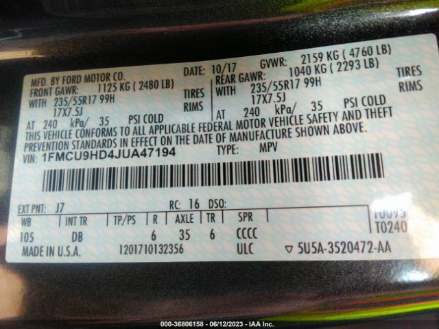 1FMCU9HD4JUA47194 Ford ESCAPE SEL