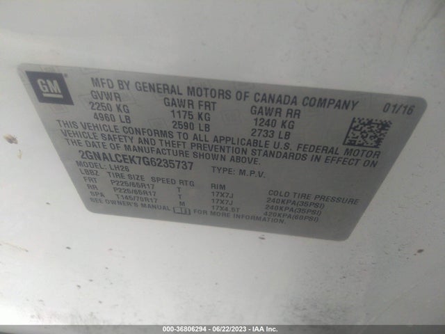 Chevrolet EQUINOX LT 2016 2GNALCEK7G6235737 Image 9