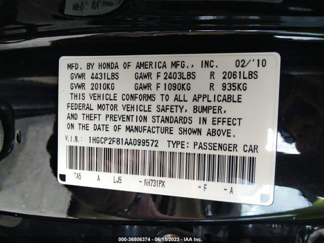 2010 HONDA ACCORD SDN EX-L VIN: 1HGCP2F81AA099572