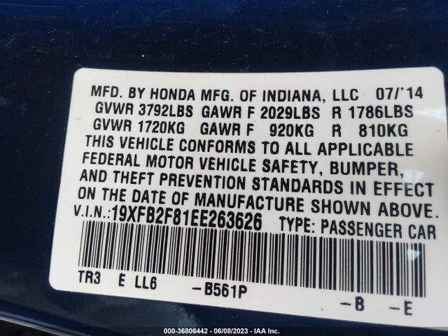 Honda Civic Sedan Ex 2014 19XFB2F81EE263626 Image 9