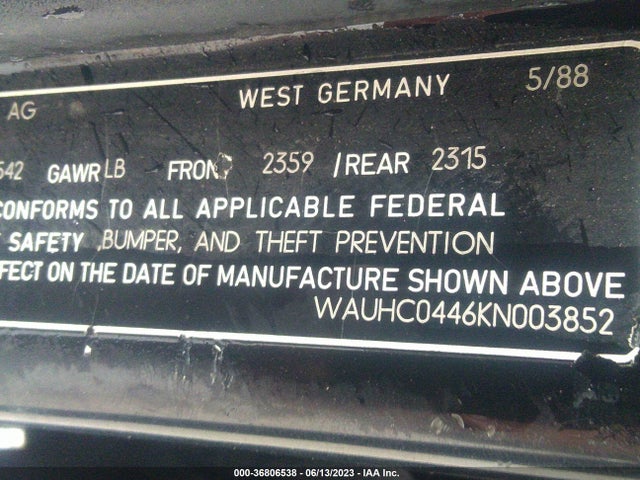 1989 AUDI 200 QUATTRO VIN: WAUHC0446KN003852