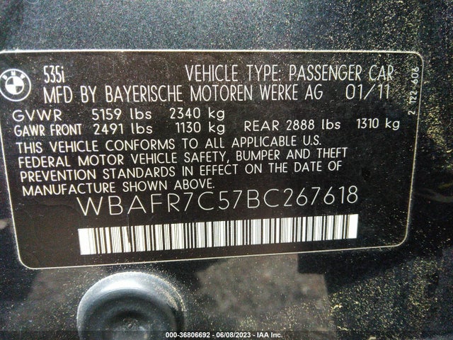 2011 BMW 5 SERIES 535I VIN: WBAFR7C57BC267618