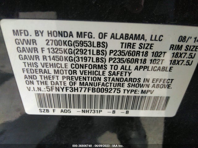 Honda Pilot Ex-l 2015 5FNYF3H77FB009275 Image 9