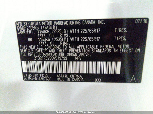 Toyota Rav4 Xle 2016 2T3RFREV8GW519799 Image 15
