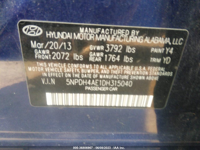 2013 HYUNDAI ELANTRA GLS VIN: 5NPDH4AE1DH315040