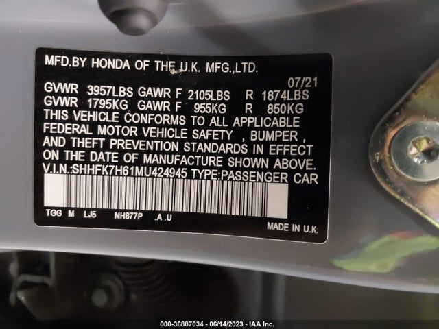 Honda CIVIC EX 2021 SHHFK7H61MU424945 Image 9