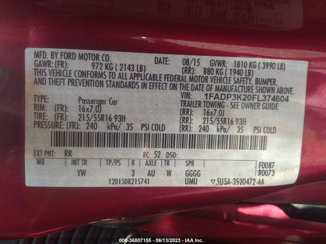2015 FORD FOCUS SE VIN: 1FADP3K20FL374604