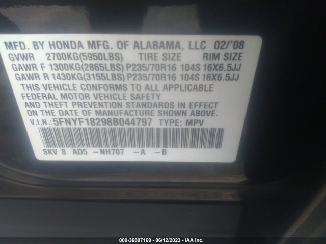 2008 HONDA PILOT VP VIN: 5FNYF18298B044797