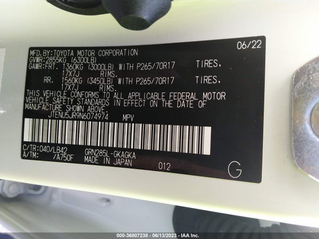 2022 TOYOTA 4RUNNER SR5 PREMIUM VIN: JTENU5JR9N6074974