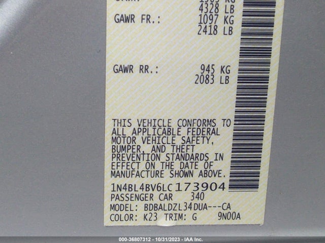 Nissan Altima 2.5 S 2020 1N4BL4BV6LC173904 Image 9
