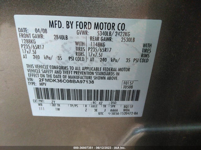 2008 FORD EDGE SE VIN: 2FMDK36C08BA97138