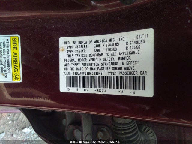 2011 ACURA TL TECH VIN: 19UUA8F59BA009049