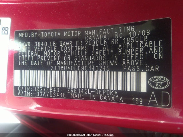 2009 TOYOTA COROLLA VIN: 2T1BU40E09C140245
