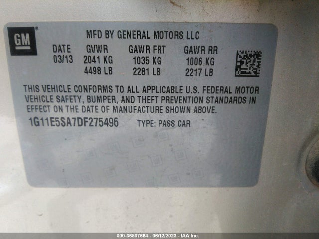 2013 CHEVROLET MALIBU LT VIN: 1G11E5SA7DF275496