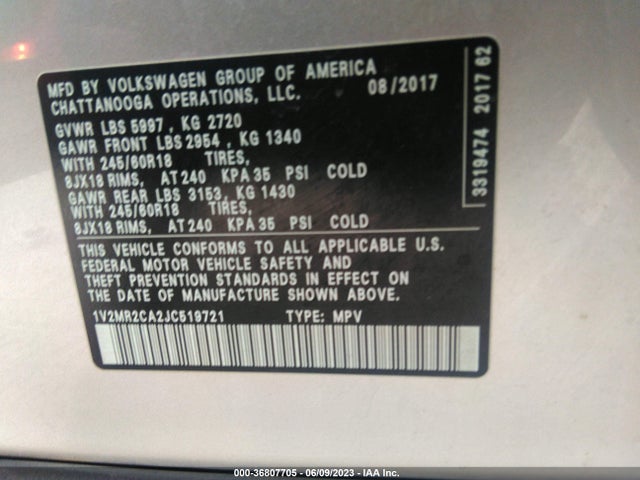 1V2MR2CA2JC519721 Volkswagen Atlas 3.6l V6 Sel