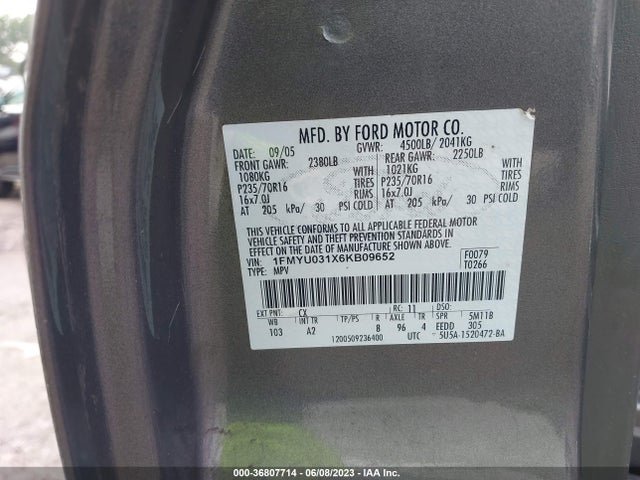 2006 FORD ESCAPE XLT VIN: 1FMYU031X6KB09652