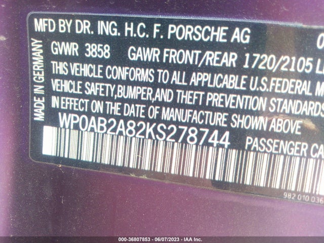2019 Porsche 718, VIN: WP0AB2A82KS278744