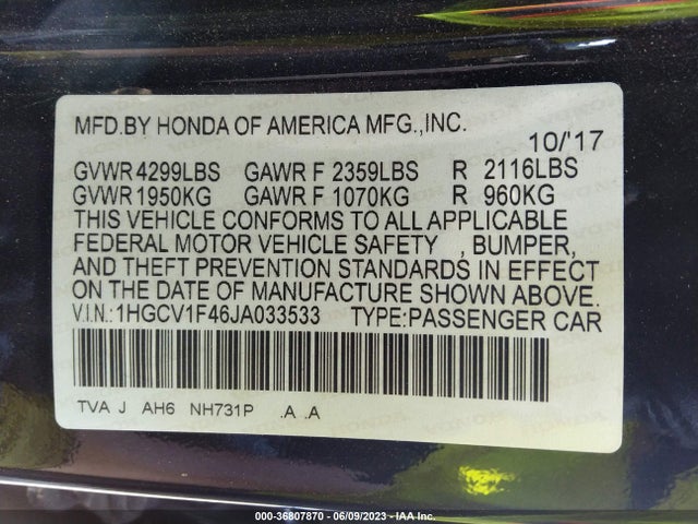 2018 HONDA ACCORD SEDAN EX 1.5T VIN: 1HGCV1F46JA033533