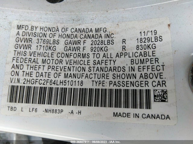 Honda Civic Lx 2020 2HGFC2F64LH510118 Image 9
