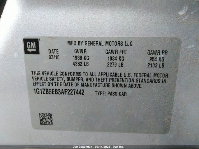 2010 CHEVROLET MALIBU LS W/1LS VIN: 1G1ZB5EB3AF227442