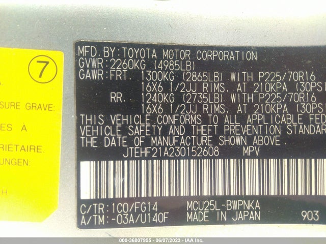 2003 TOYOTA HIGHLANDER VIN: JTEHF21A230152608