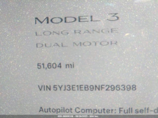 5YJ3E1EB9NF296398 Tesla Model 3 Long Range